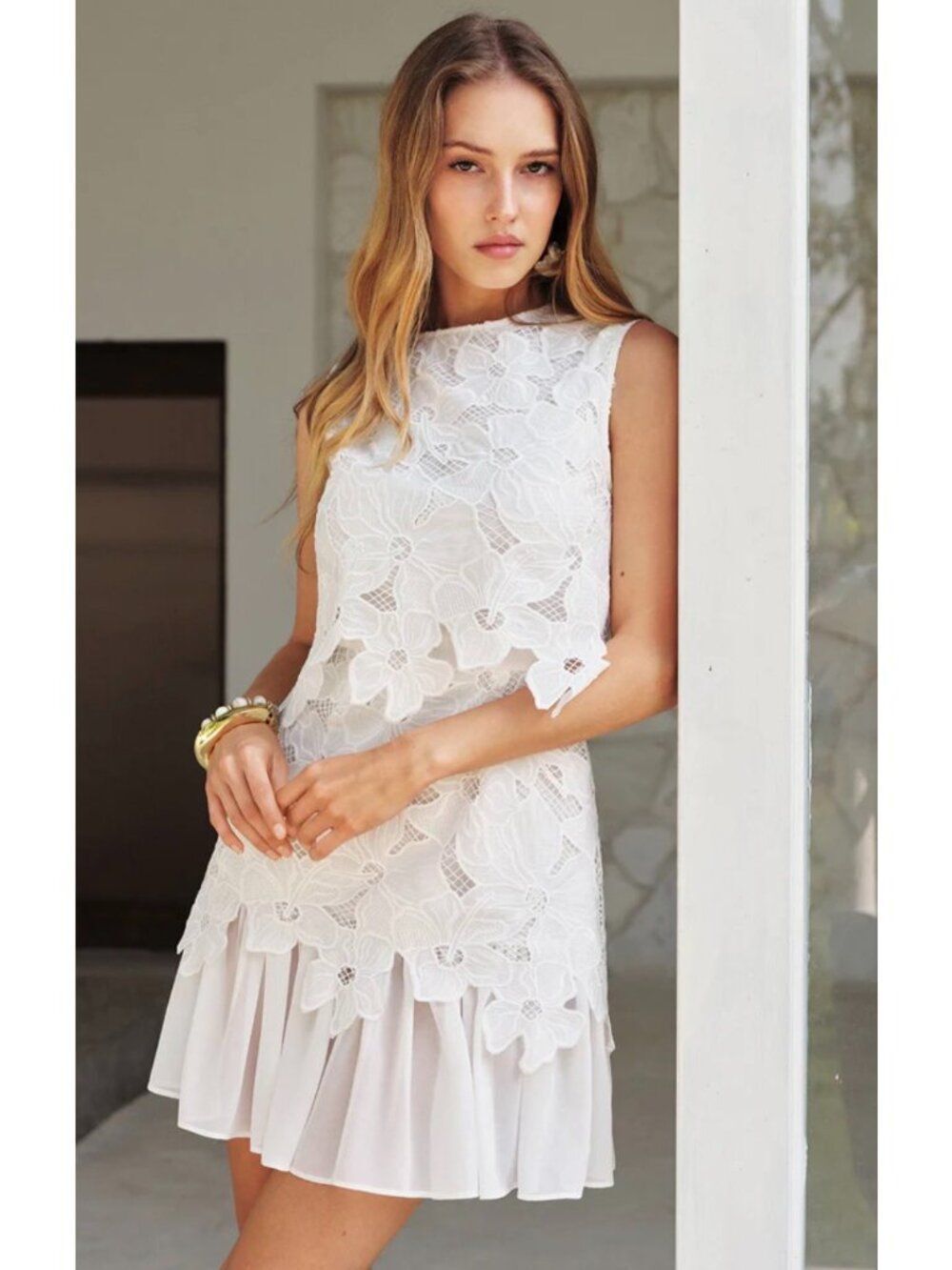 Commense Women's White Sleeveless Floral Lace Ruffled Mini Dress Size L